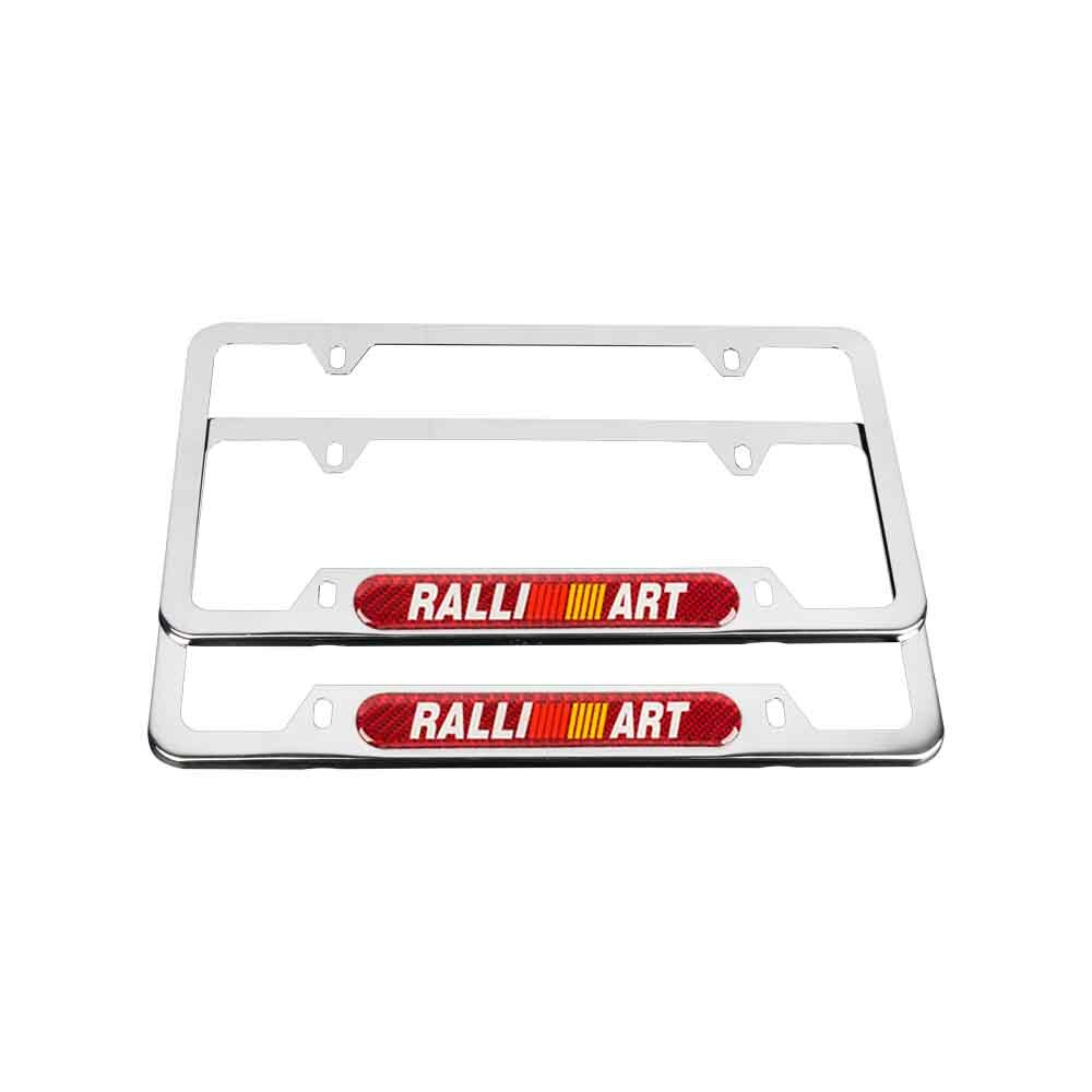 2Pcs Ralliart Chrome Stainless Steel License Plate Frame with Red Carbon Emblem  