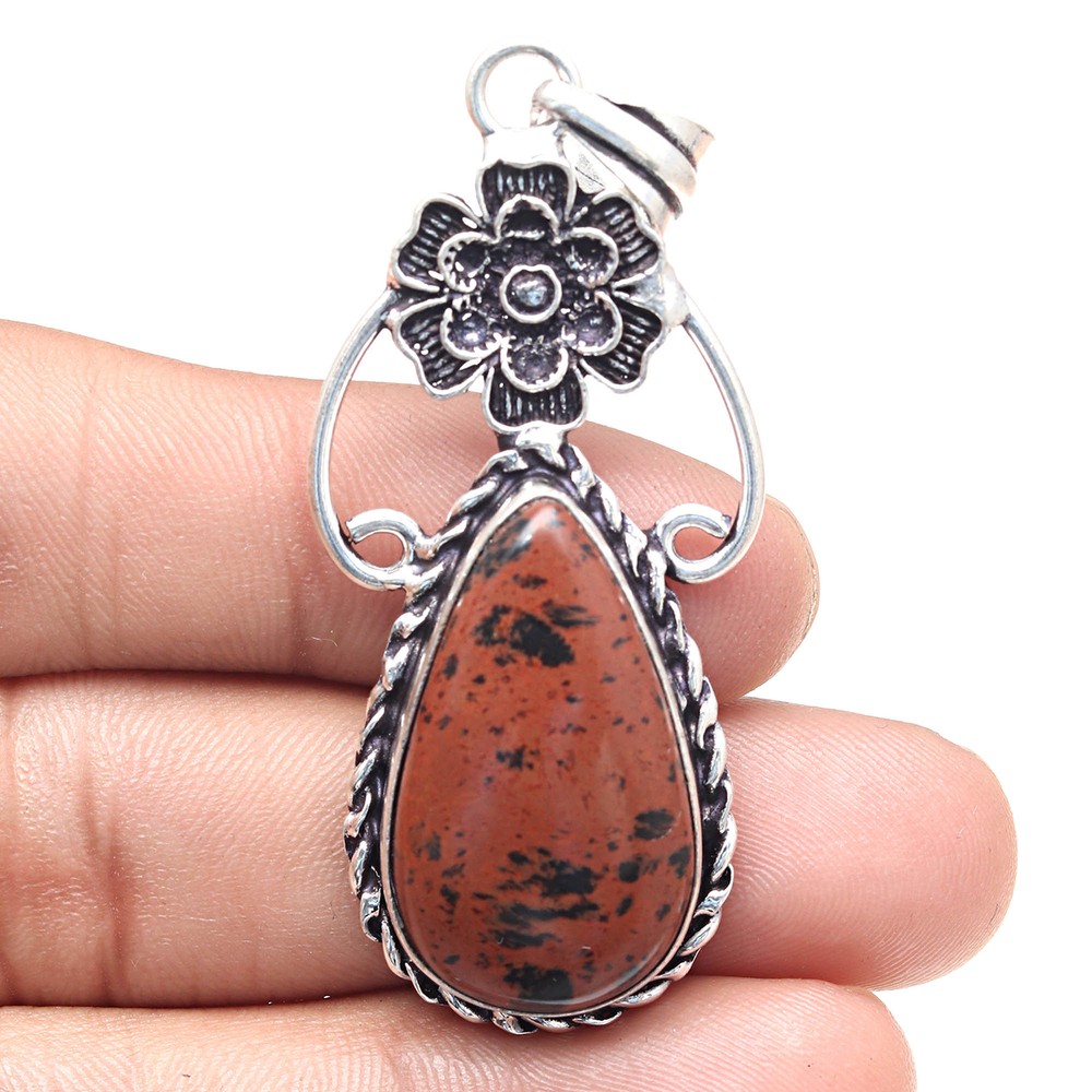 Handmade Antique Silver Pendant with Mahogany Obsidian Gemstone 2.5 Inch