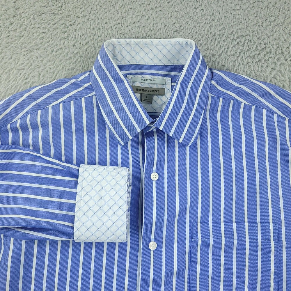 Johnston & Murphy Shirt Mens Large Blue Stripe Tailored Fit Long Sleeve Dress
