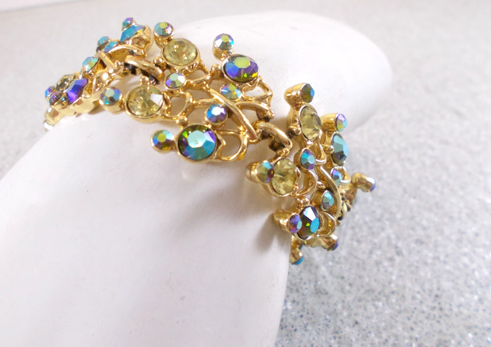 Gold Tone Blue Aurora Borealis and Clear Rhinestone Panel Link Bracelet