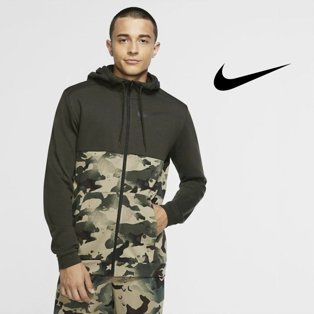 Nike Dri FIT Mens Full Zip Hoodie Gym Training Workout Jacket Green Camo M L XL