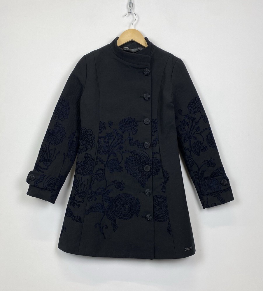 Vintage Desigual Floral Trench Coat Size 40 Black Y2K Logo Women’s Jacket