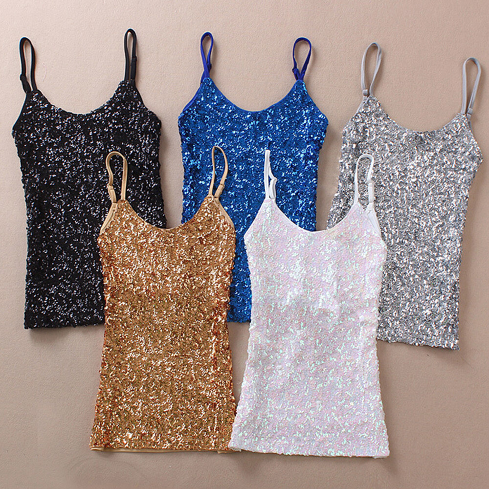Women Sequin Vest Spaghetti Strap Slim Camisole Bling Tank Tops Basic Tops