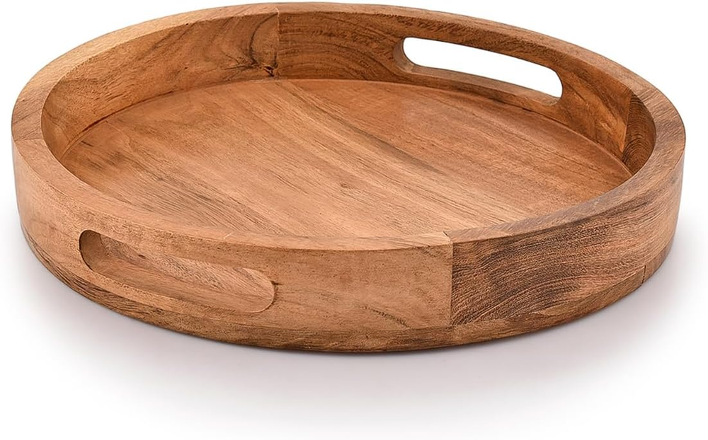 Samhita round Serving Acacia Wooden Tray with Handles for Serving Beverages Tea