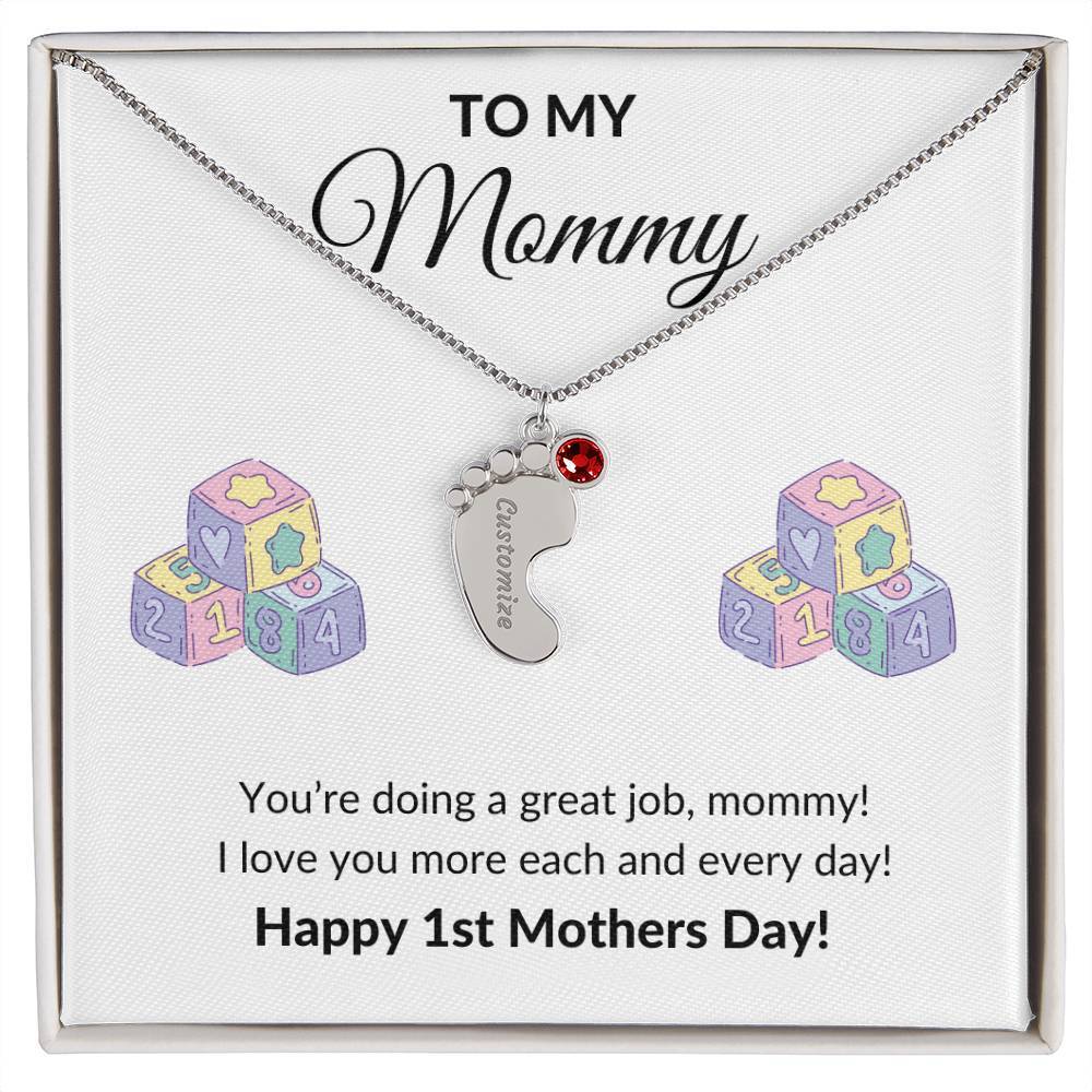 Happy First Mother's day Engraved Baby Feet Birthstone Necklace Gift