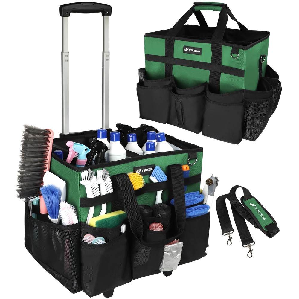 Large Rolling Cleaning Caddy Bag with Wheels, Cleaning Bag with Detachable Tr...