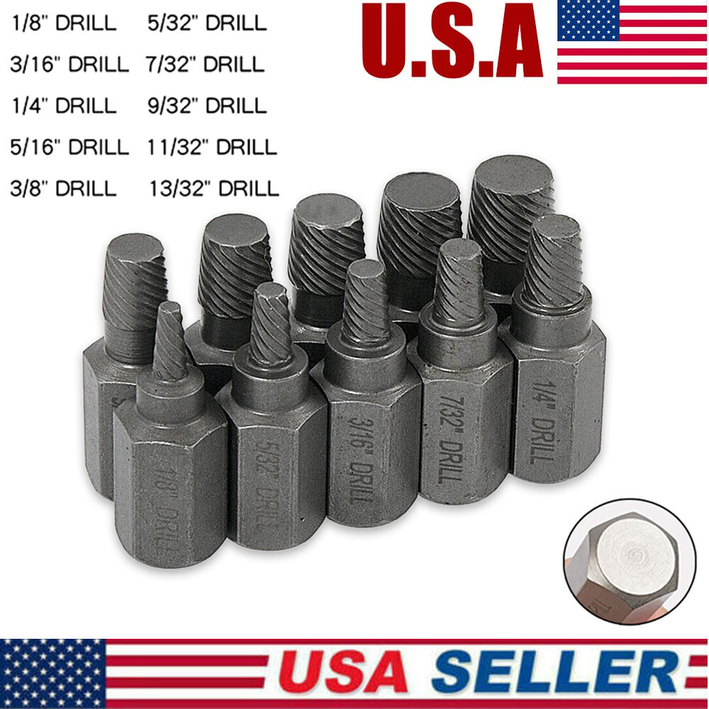 10PCS Screw Extractor Set for Damaged Bolts 1/8 to 13/32in Bits