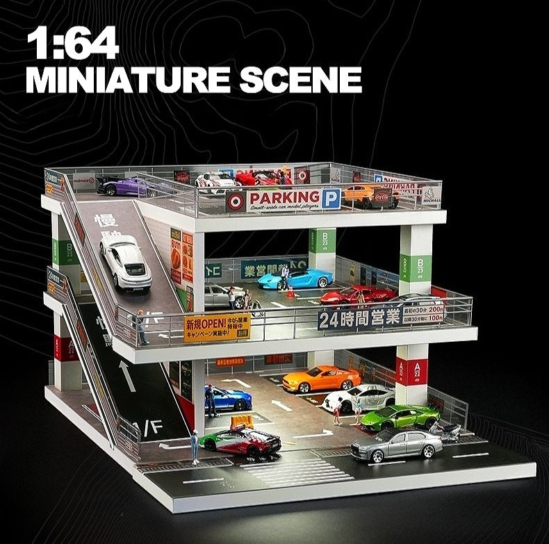 Diorama 1:64 Car Garage Model LED Lighting City 3 Layer Parking Lot Scene Model
