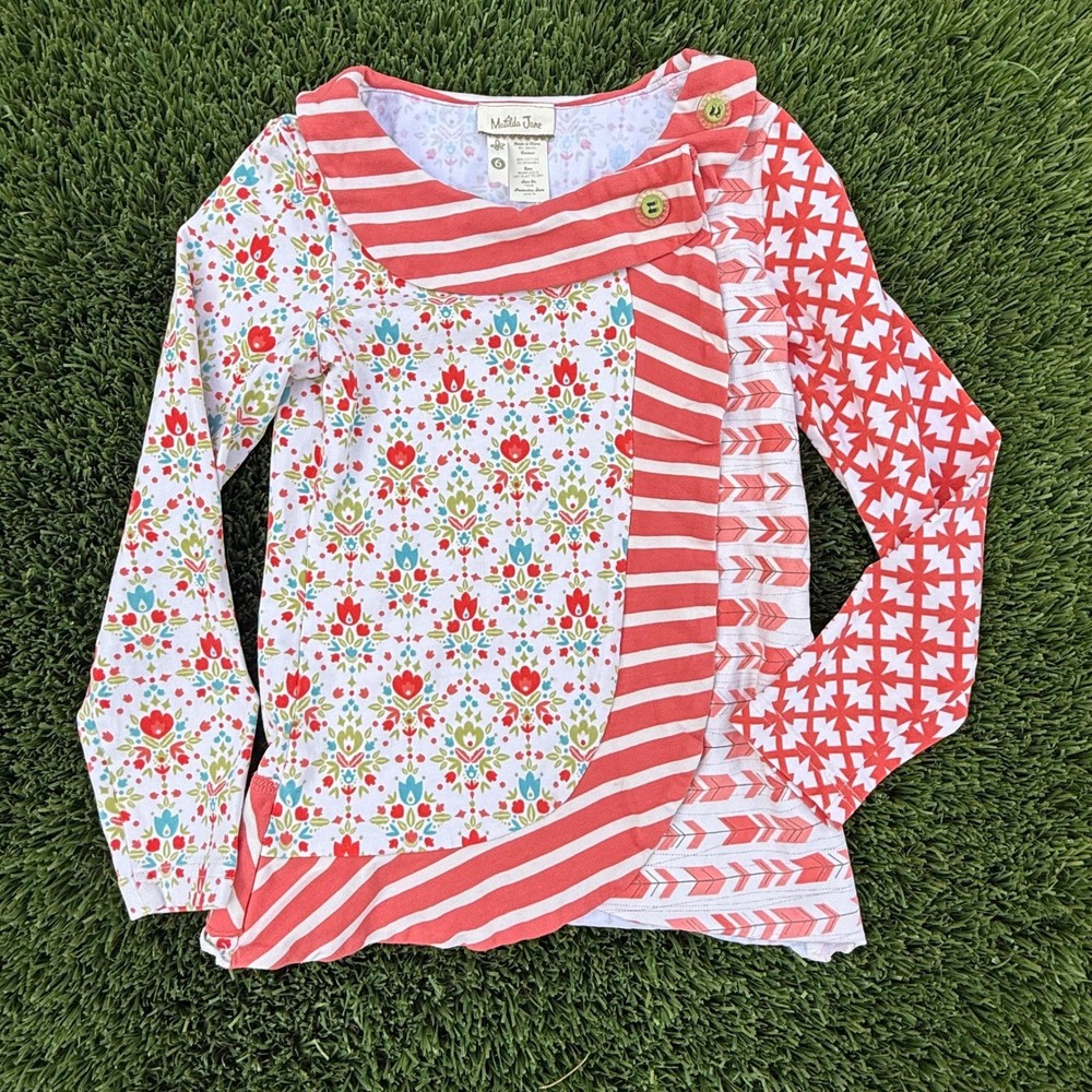 Matilda Jane Girls Red Floral Mixed Print Long Sleeve Top Tunic Size 6 T1639