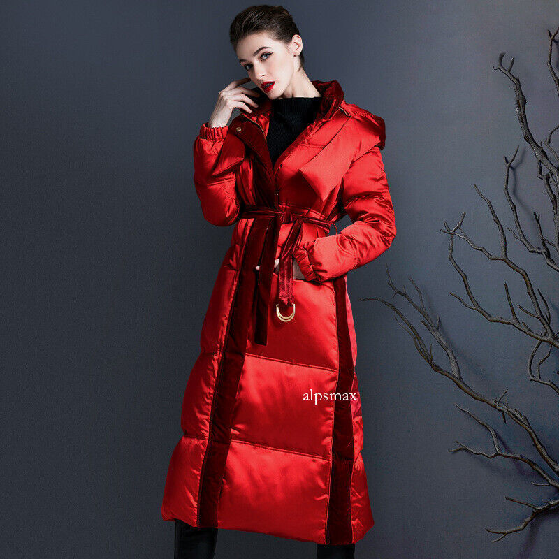 Women's American-Style Long Duck Down Jacket with Hood – Knee-Length Thick Winter Overcoat