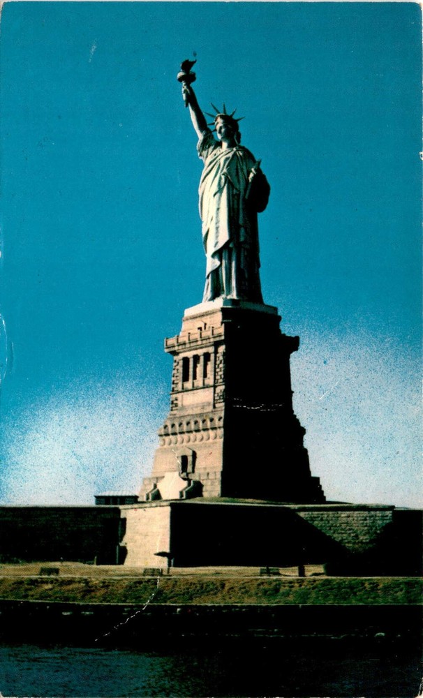 Statue of Liberty postcard featuring New York Harbor and Liberty Island