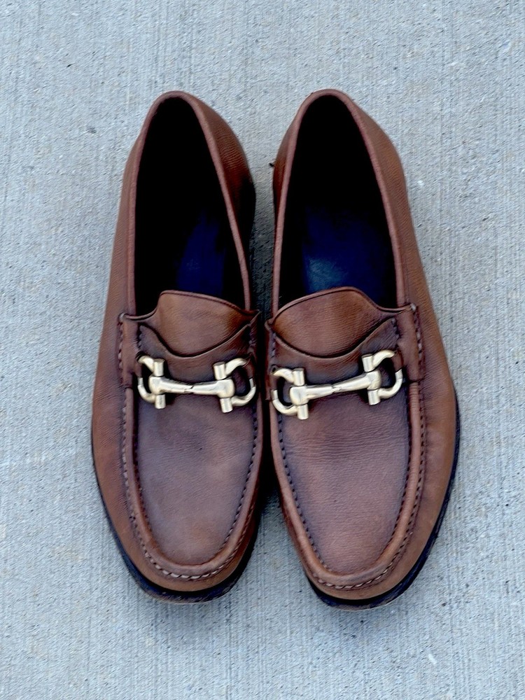 FERRAEGAMO MEN'S BROWN LEATHER GOLD BIT Horse LOAFERS SHOES 11 D