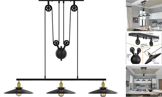 3-Pack Pendant Lights with Pulley Design for Kitchen Island or Billiard Pool Table, 3-Light Fixture Set