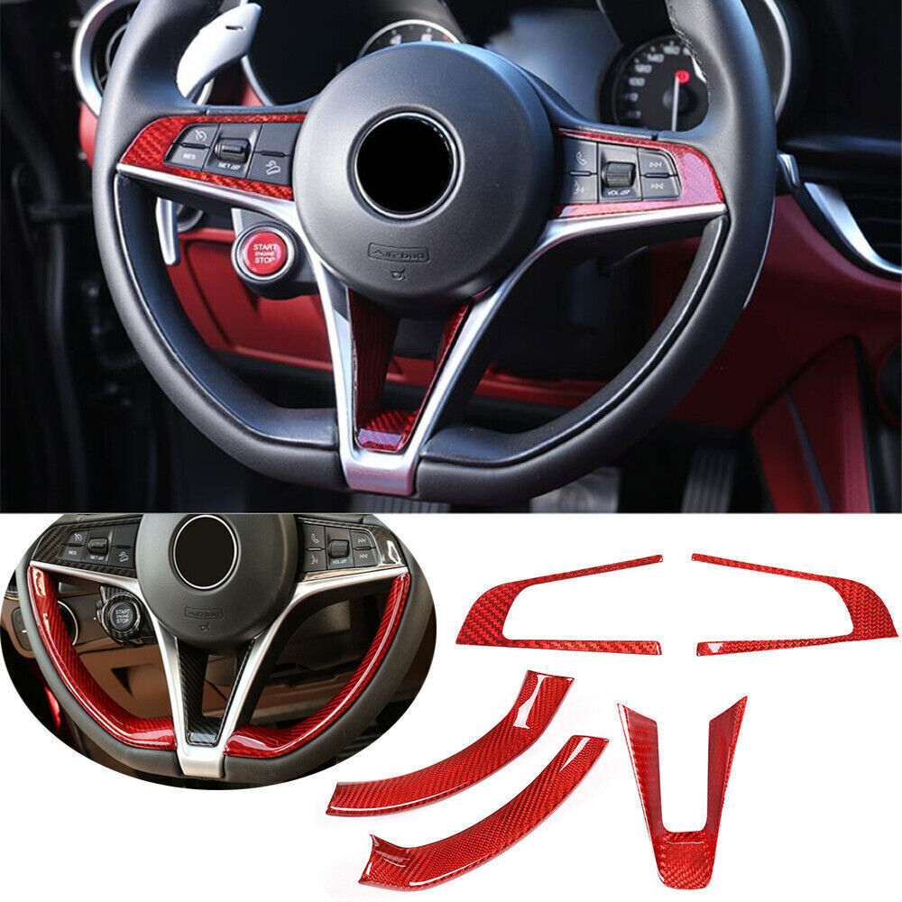 For Alfa Romeo Giulia Stelvio 17-19 5PCS Red Carbon Fiber Steering Wheel Cover