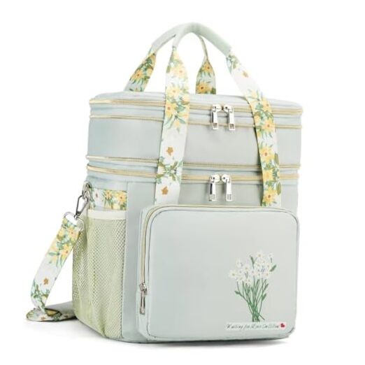 Insulated Lunch Bag for Women/Men, Dual Compartment Waterproof Large B-W-Green