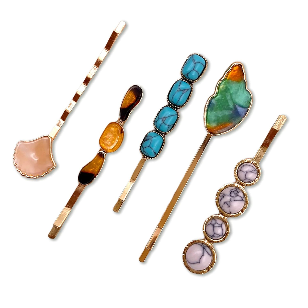5PCS Vintage Inspired Mixed Stones Bobby Pins Decorative Hair Slides Clips Acces