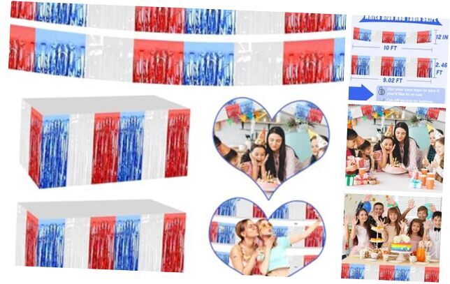 4P Metallic Foil Fringe Banner Tinsel Table Skirts for 4pWhite Blue Red