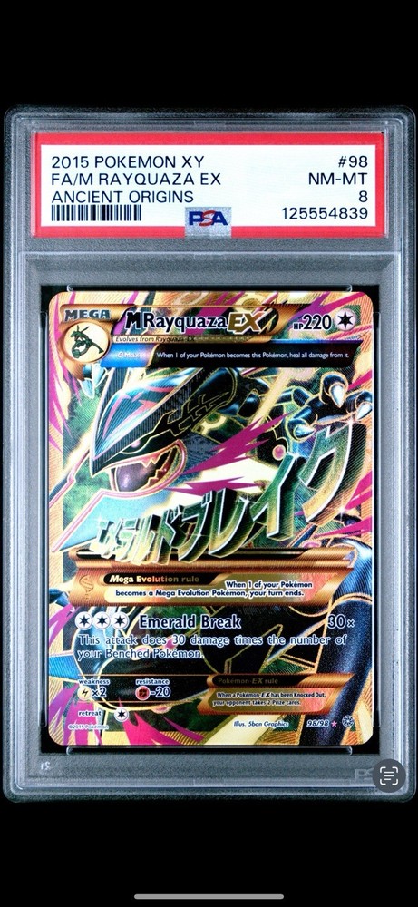 2015 POKEMON XY ANCIENT ORIGINS #98 FULL ART/M RAYQUAZA EX PSA 8