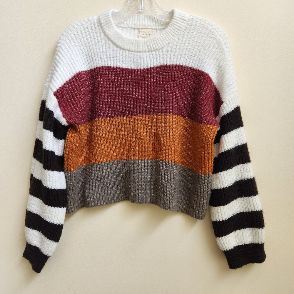 Harper Heritage Stripe Multicolor Pullover Sweater Sz Small Crop Womens L Sleeve