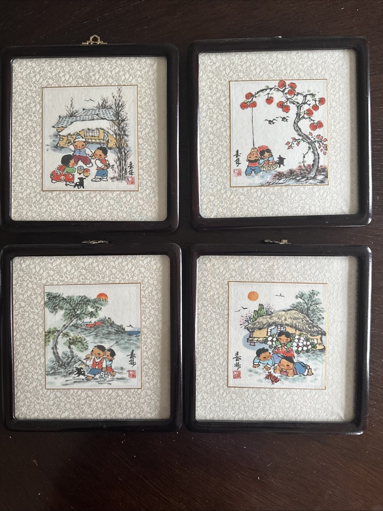 4 Vintage Korean Art Watercolors Depicting The Four Seasons Framed 9.5” X 9.75”
