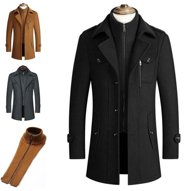 Men's Slim Fit Wool Blend Windbreaker Trench Coat with Stand Collar