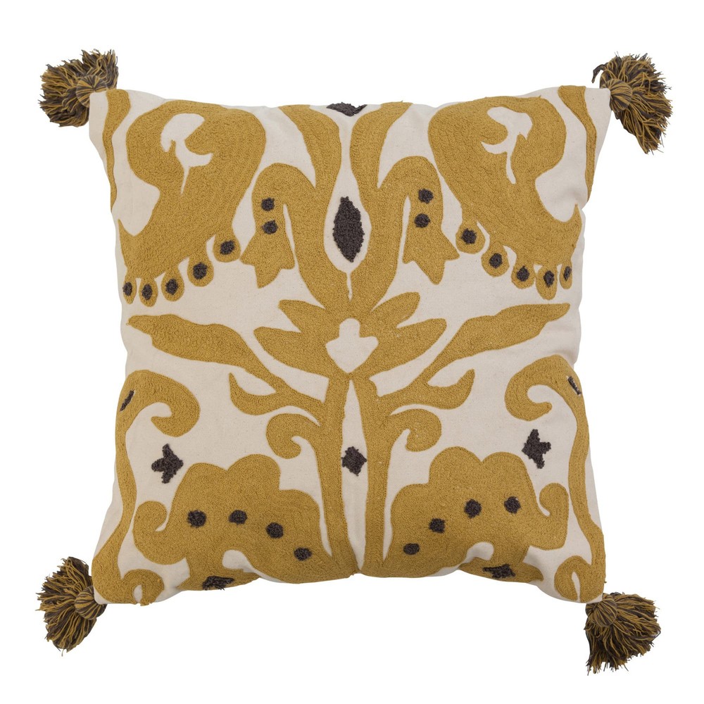 Embroidered Cotton Pillow Cover with Tassels - Cream & Mustard