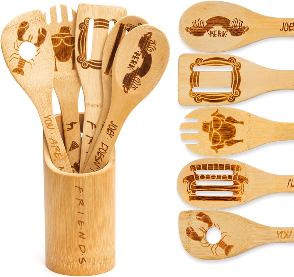 Friends Wooden Spoons for Cooking, 6 Piece Kitchen Utensils Set with Holder Gift