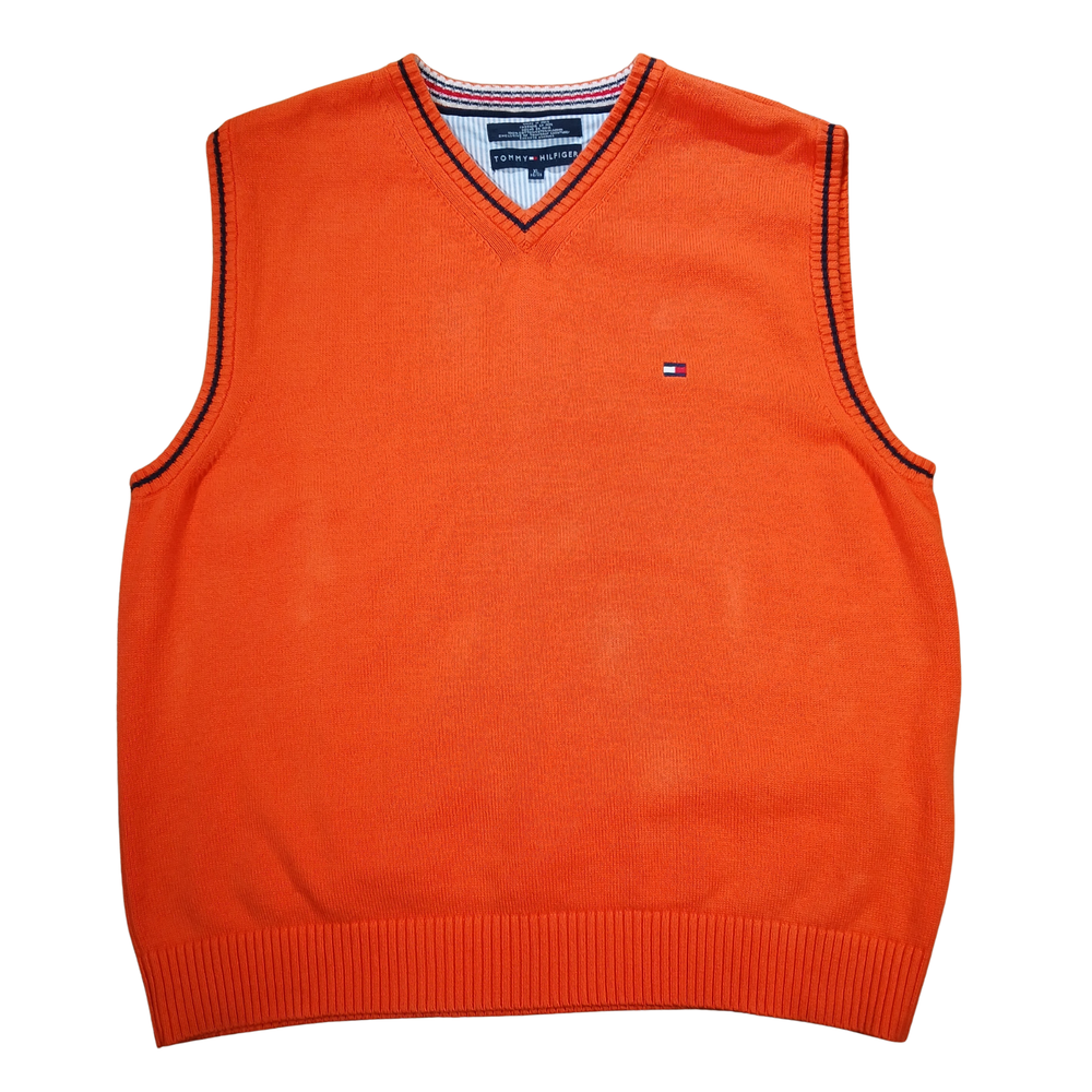 Y2K Tommy Hilfiger Orange Sweater Vest Men's XL V-Neck Knit Pullover Flag Logo