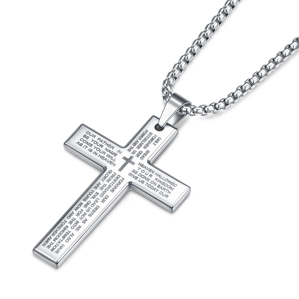 Men Boy Silver Cross Necklace Stainless Steel Christ Jesus Bible Pendant Chain