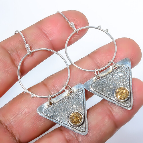 Titanium Golden Agate Drusy 925 Sterling Silver Earring 2.42