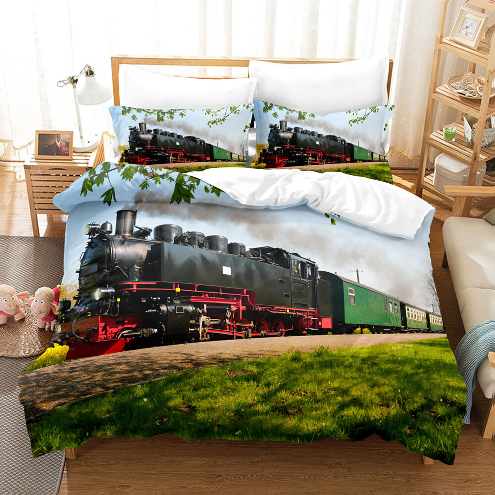 Ancient Green Steam Train Duvet Quilt Cover Full Queen Comfortable Bedding Set