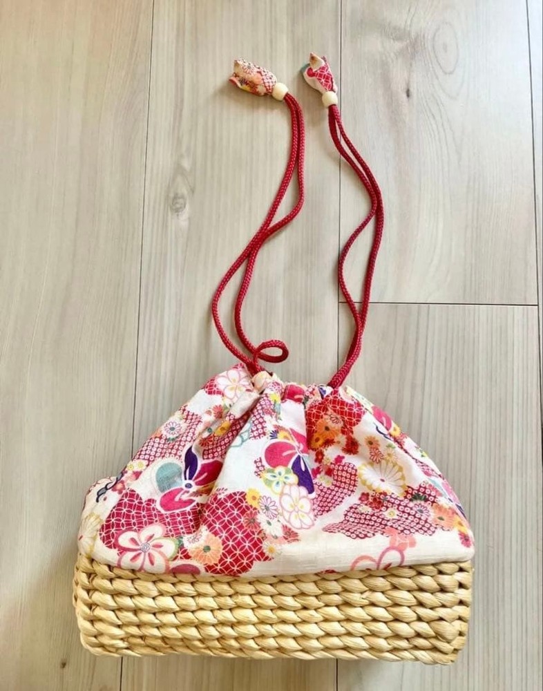 Japanese style drawstring bag floral pattern red accessory festival yukata