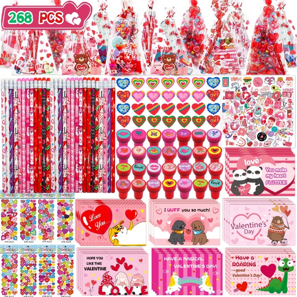 268pcs Valentine's Day Classroom Gifts for Kids - 28 Pack Goodie Bags with Toys & Treats