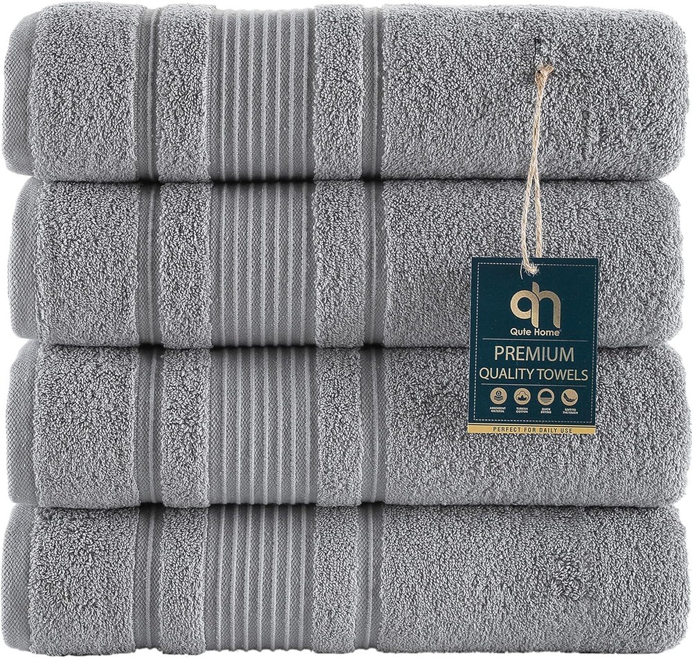 Qute Home 4-Piece Bath Towels Set, 100% Turkish 4 Pieces Towels, Grey