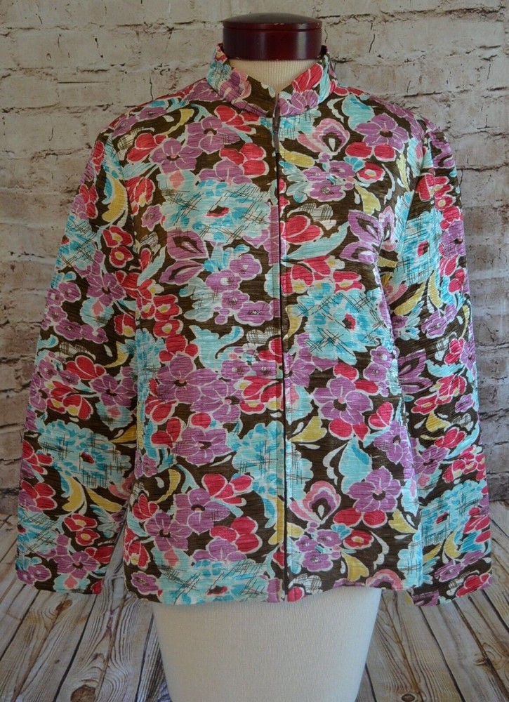 Silk Land Collection open front jacket size Large Multi Color Floral Full Zip