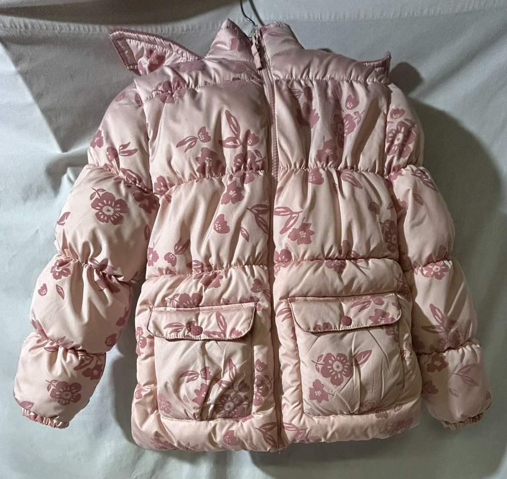 Kensie Girl - Girls pink floral hooded, puffer coat with snap pockets size XL