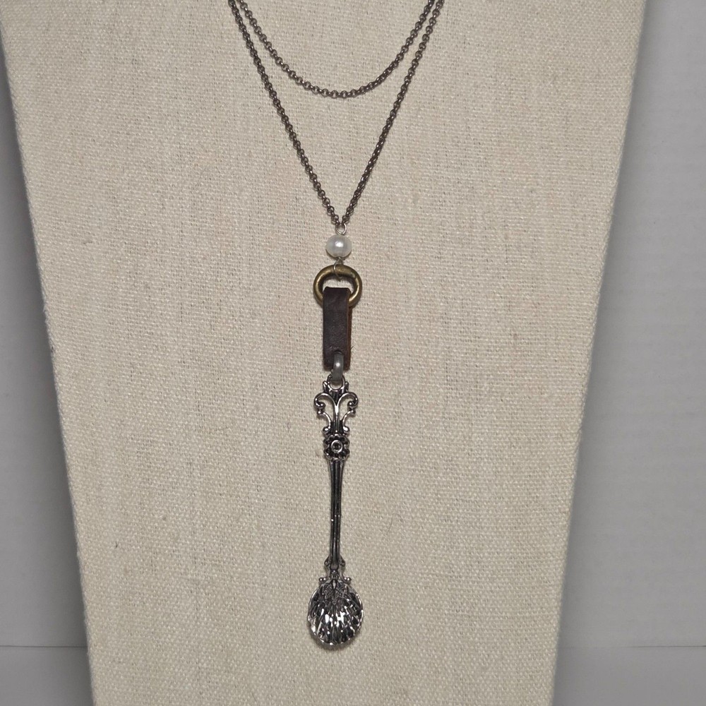Vintage Style Ornate Miniature Spoon Pendant Necklace Faux Pearl Leather Boho
