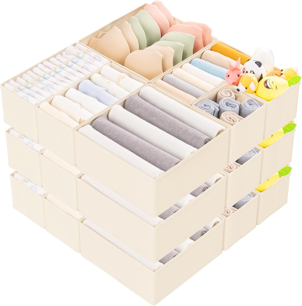 15 Pack Drawer Organizer for Clothes, Foldable Dresser Dividers with 3 Sizes, Fa