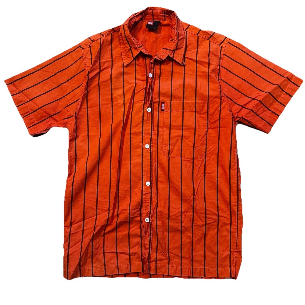 Y2K Diesel Short Sleeve Pinstripe Shirt Small Orange Red Button-up 100% Cotton