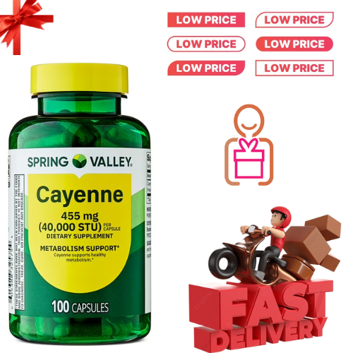 Spring Valley Cayenne Capsules 455 mg, 100 Ct Dietary Supplement for Metabolism