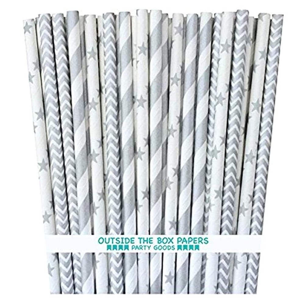 Silver Stripe, Chevron and Star Paper Straws 7.75 Inches 75 Pack Silver, White