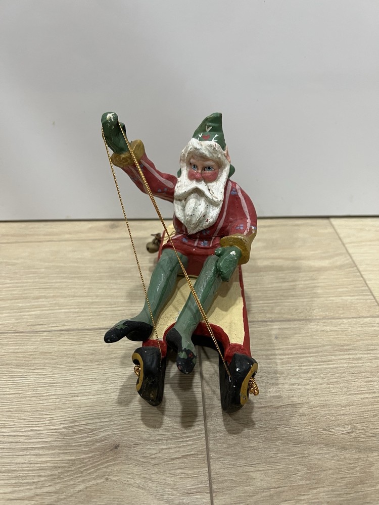 Vintage House of Hatten Christmas Ornament Santa Elf Fairy on Sled Good Cheer