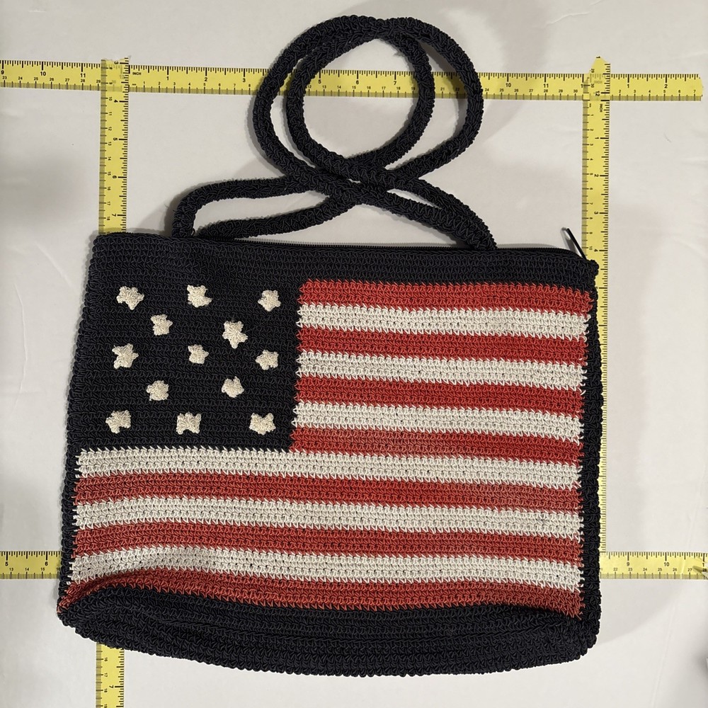 American Flag Purse Crochet Knit Zippered Patriotic Bag Tote