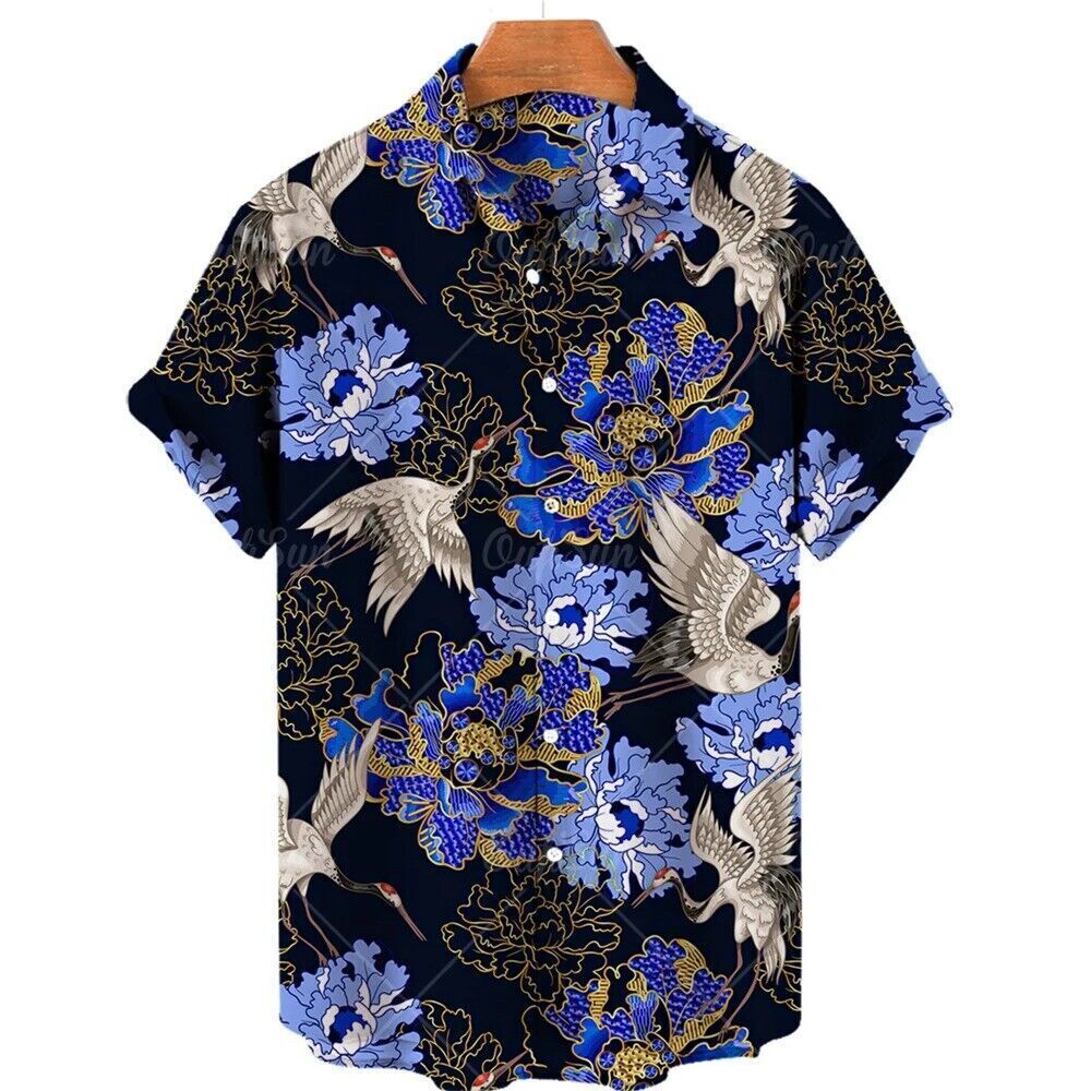 Flying Asian Lucky Crane Art Floral 3D Print Mens Unisex Button Hawaiian Shirt