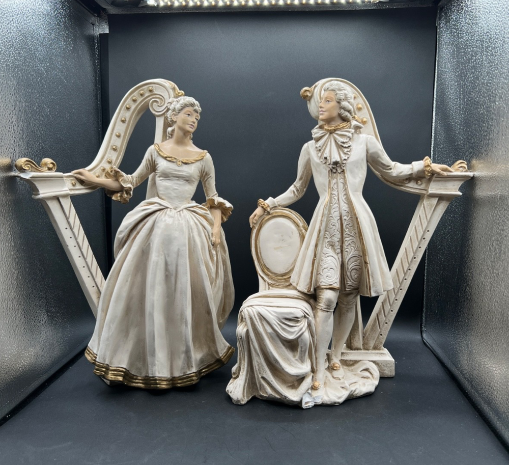 Vintage Chalkware Universal Statuary Chicago 1959 #5052 Figure Man & Woman Harps