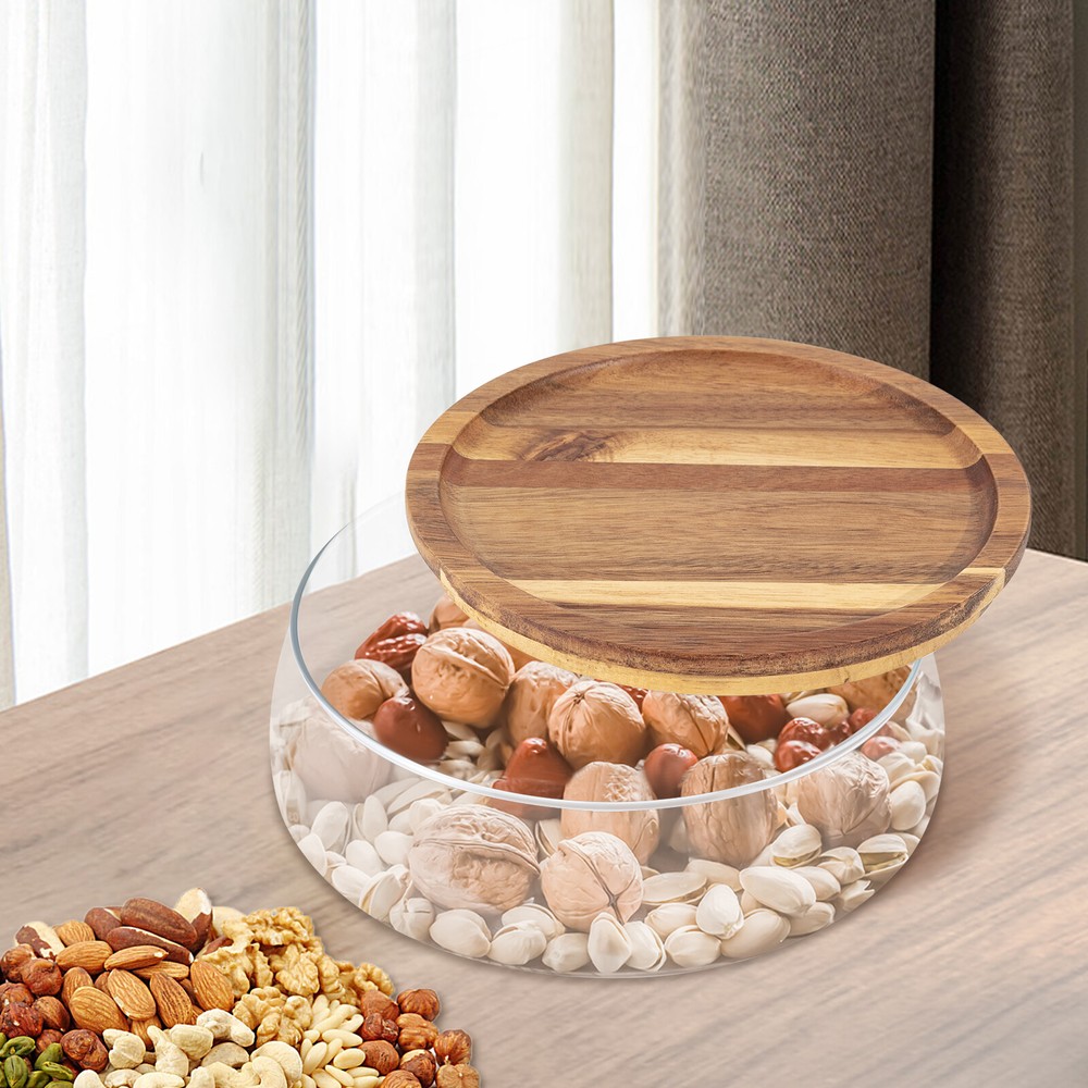 Glass Candy Nut Storage Container with Wooden Lid Snack Tray