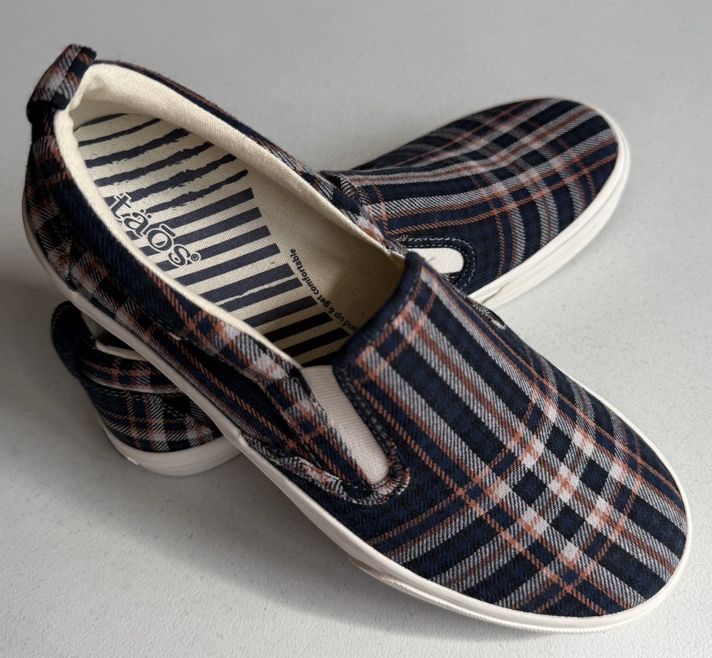 Taos Rubber Soul Women’s 8.5 Blue Plaid Canvas Slip On Sneakers