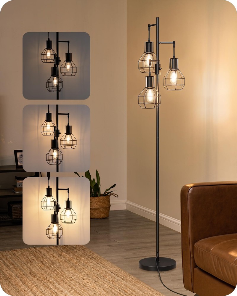 Dimmable Industrial Farmhouse Floor Lamp with 3 LED Bulbs for Living Room