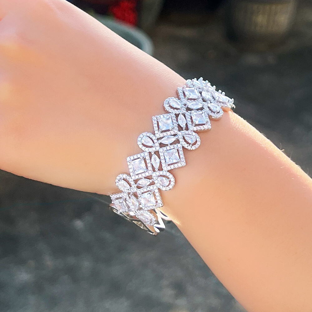 Women Silver Plated Cubic Zirconia Wedding Brides Open Wide Cuff Bangle Bracelet