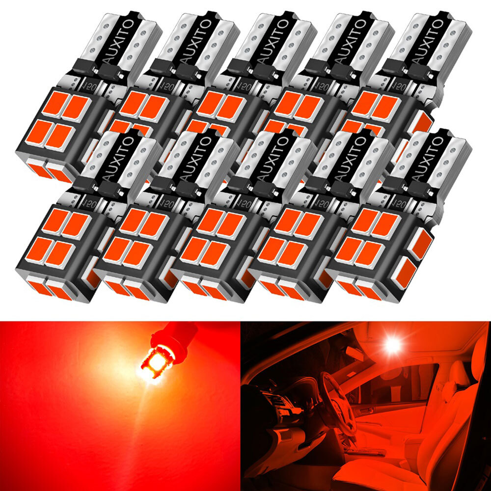 10PCS T10 LED Light Bulb 12V 194 168 2825 Red For Interior Map Lights Dome Light